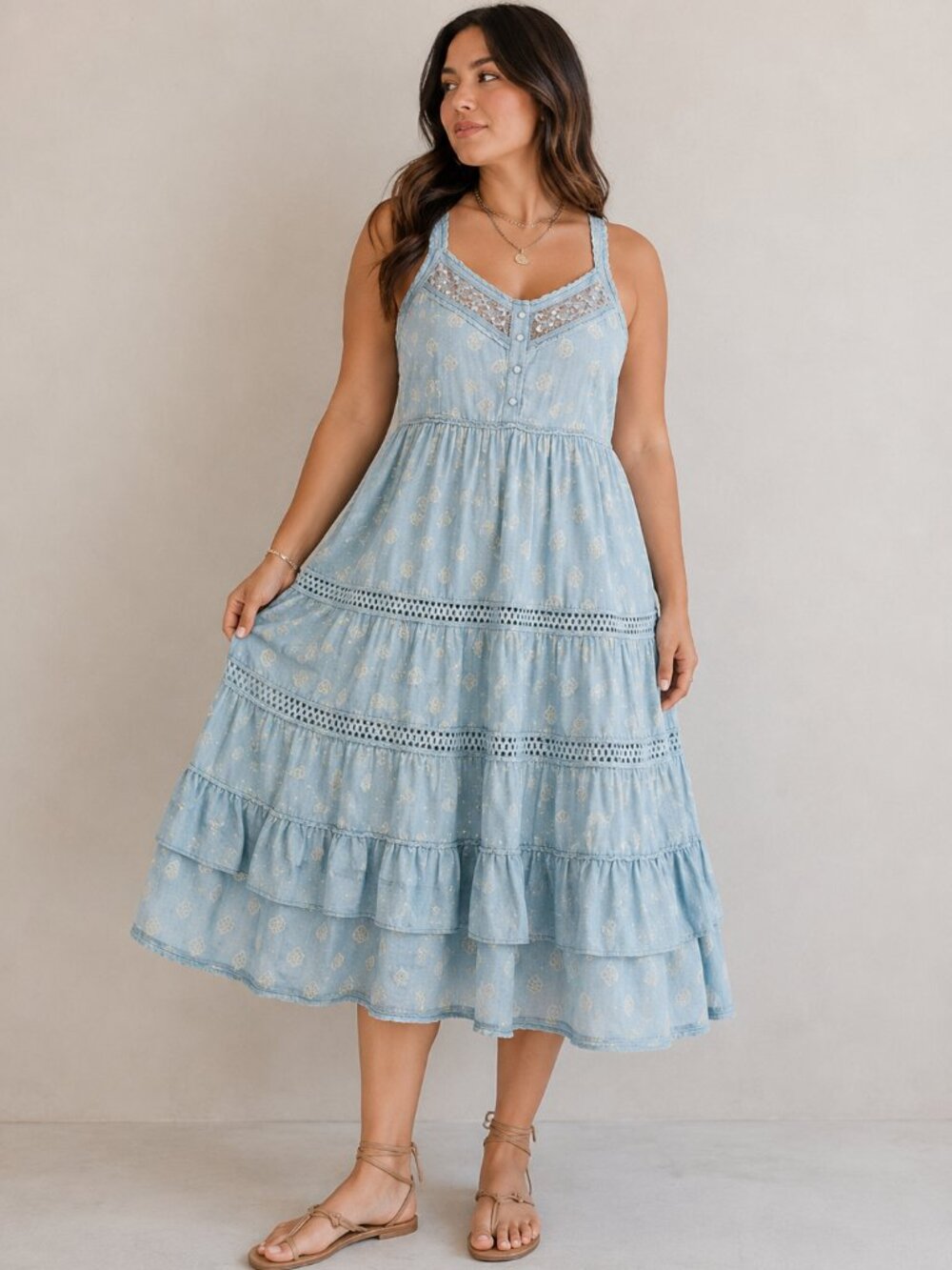 Pilcro By Anthropologie Citrus Fruit Ruffled Eyelet Midi Dress | Blue | Size L - Picture 1 of 9